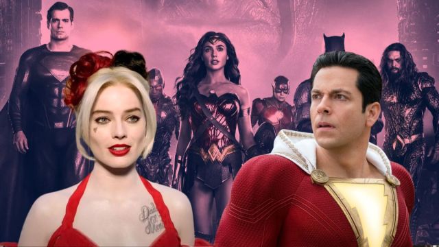 Harley Quinn in her red flamenco dress from The Suicide Squad and Shazam from Shazam! superimposed over a red-hued Justice League promo image.
