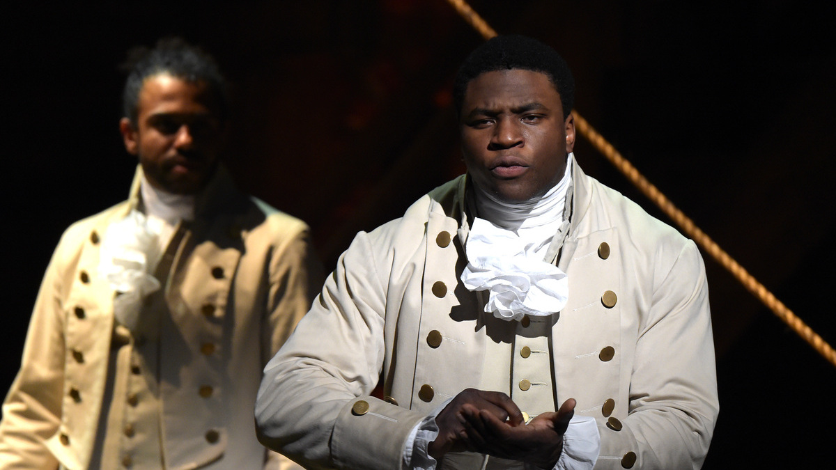 NEW YORK, NY - FEBRUARY 15:  Actors (L-R) Daveed Diggs and Okieriete Onaodowan perform on stage during "Hamilton" GRAMMY performance for The 58th GRAMMY Awards at Richard Rodgers Theater on February 15, 2016 in New York City.