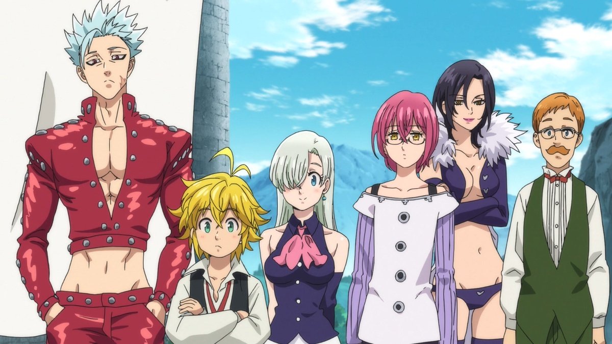 The characters of Seven Deadly Sins are standing together outside.