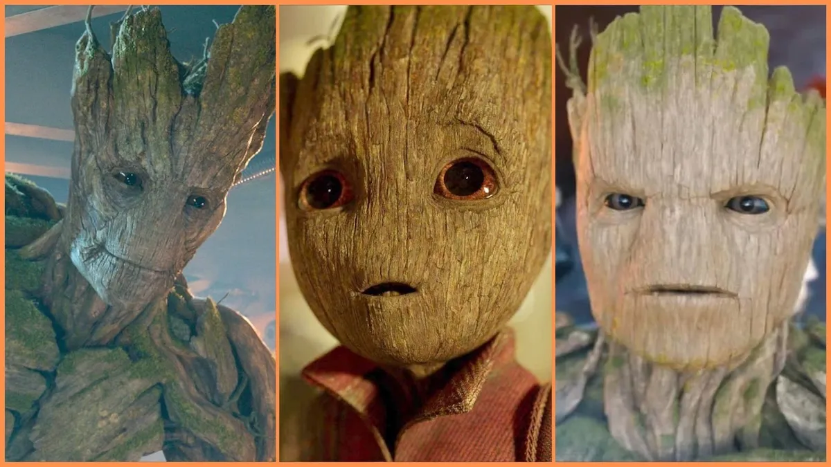Close up photos of Groot at different ages from Guardians of the Galaxy Vol. 1, Vol. 2, and Vol. 3