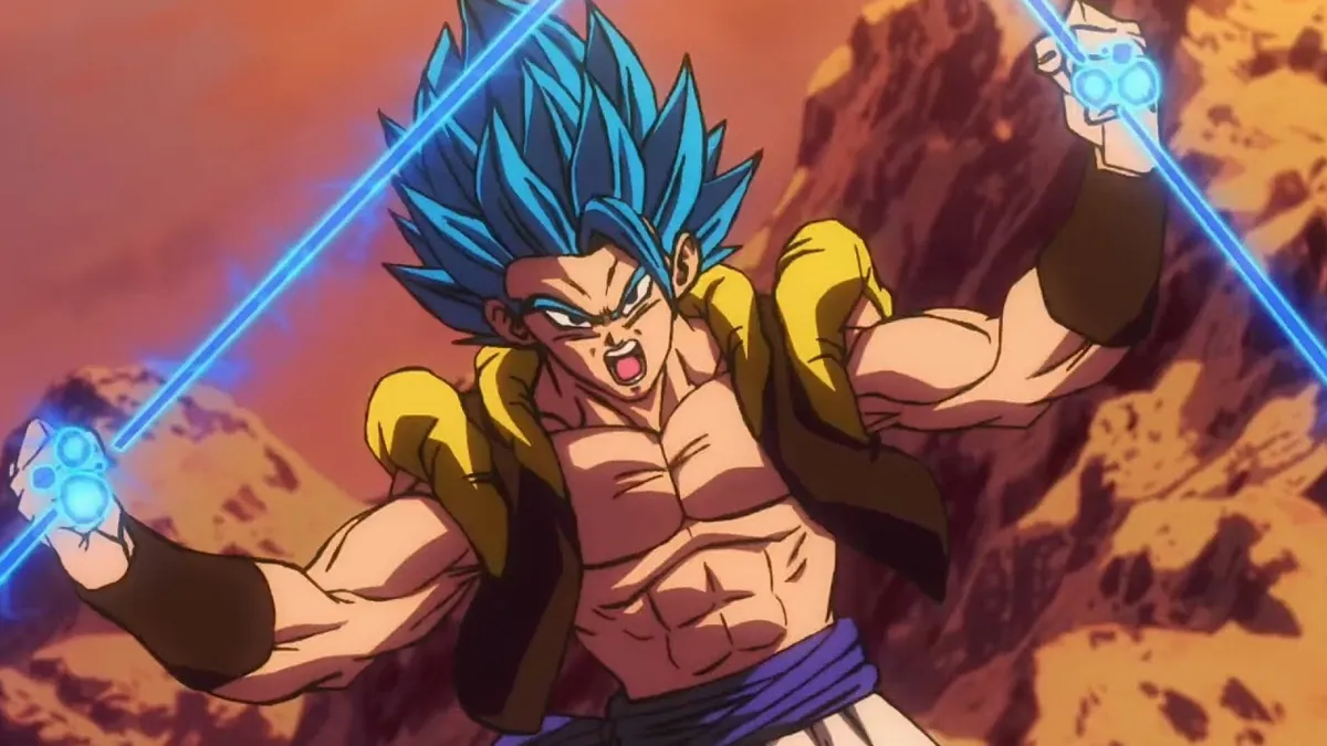Gogeta is flexing his arms in Dragon Ball.