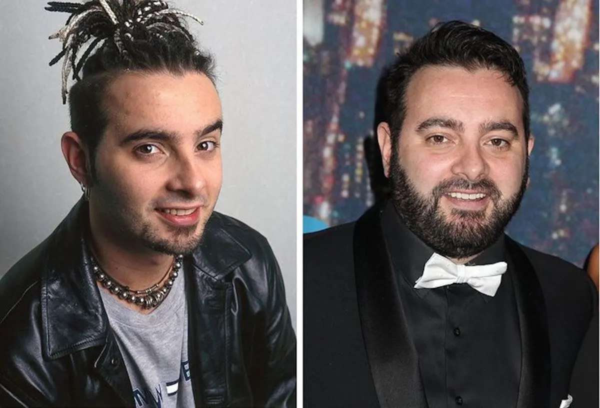 Chris Kirkpatrick then and now, side by side photo of the *NSYNC member.