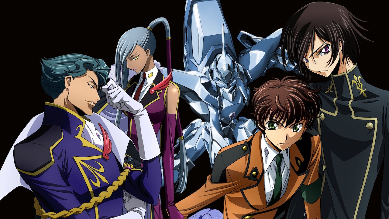 Characters from Code Geass are posing in front of a black background. 