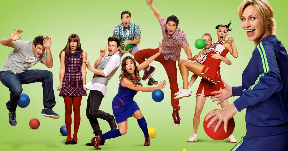 A photo of the ‘Glee’ cast in a dodgeball scenario