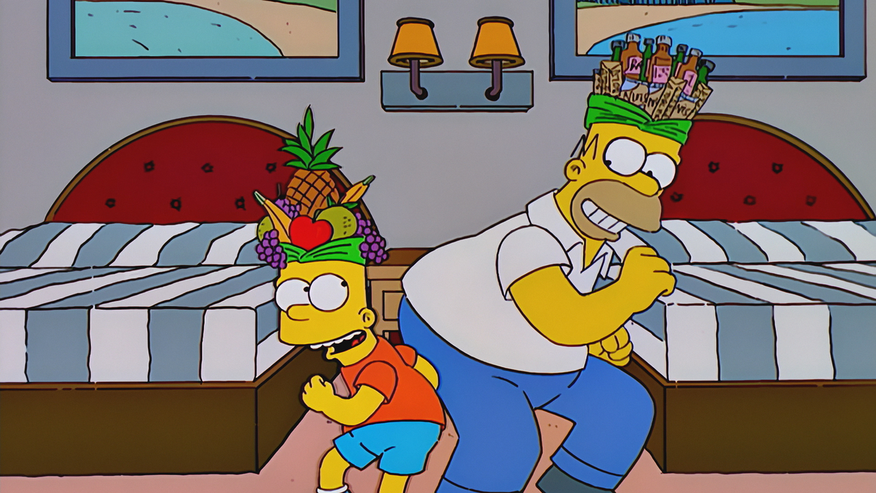 Bart and Homer are dancing with hats. 