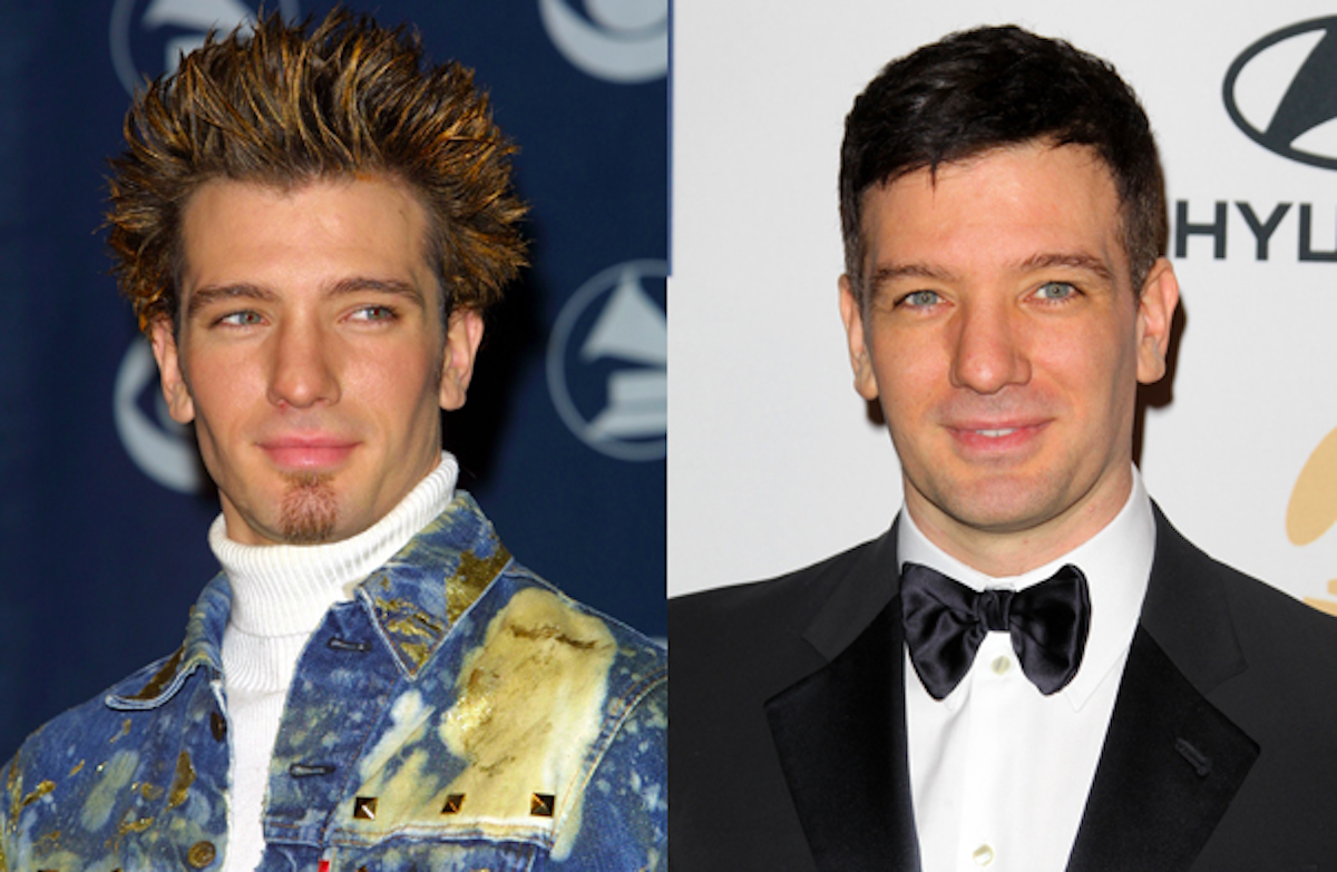JC Chasez then and now, side by side photo of the *NSYNC member.