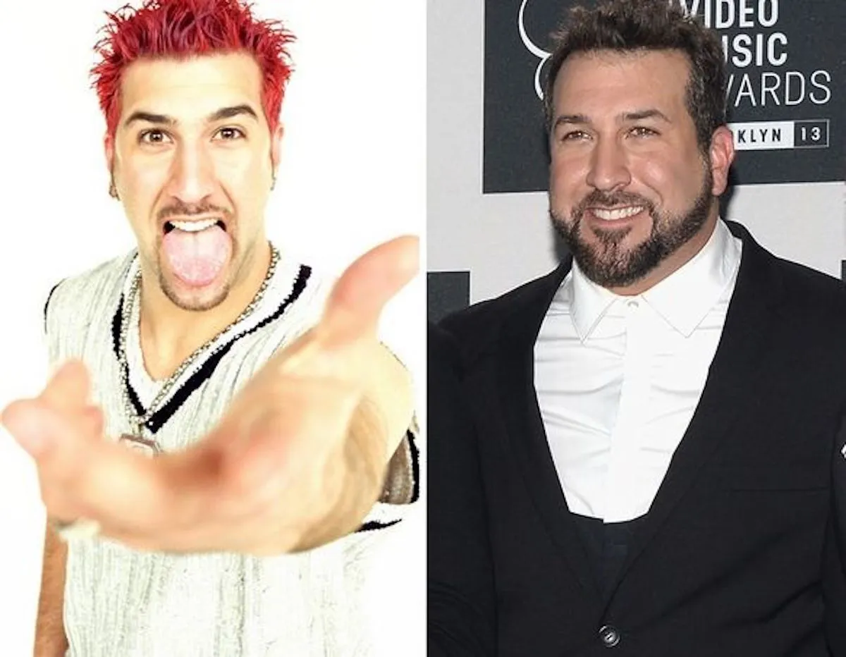Joey Fatone then and now, side by side photo of the *NSYNC member.