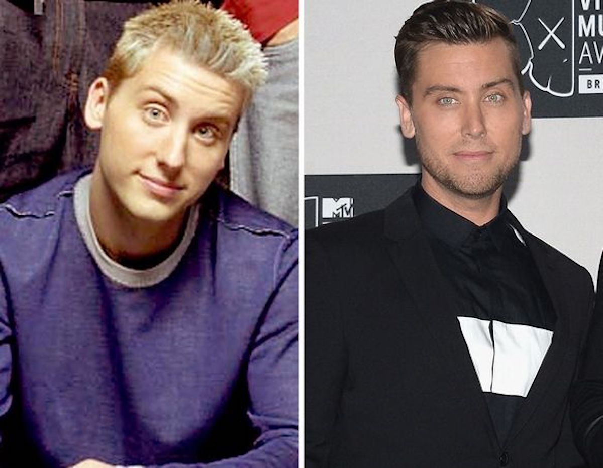 Lance Bass then and now, side by side photo of the *NSYNC member.