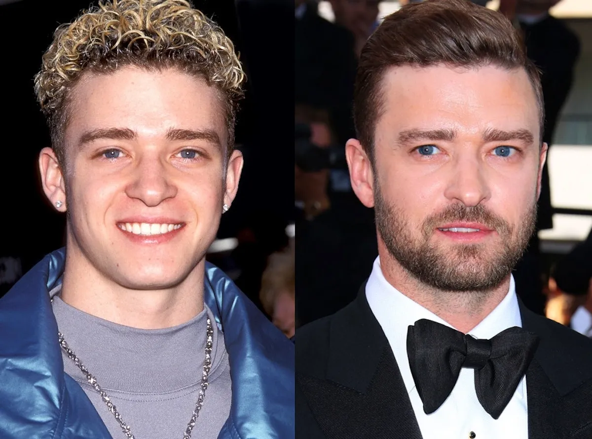 Justin Timberlake then and now, side by side photo of the *NSYNC member.