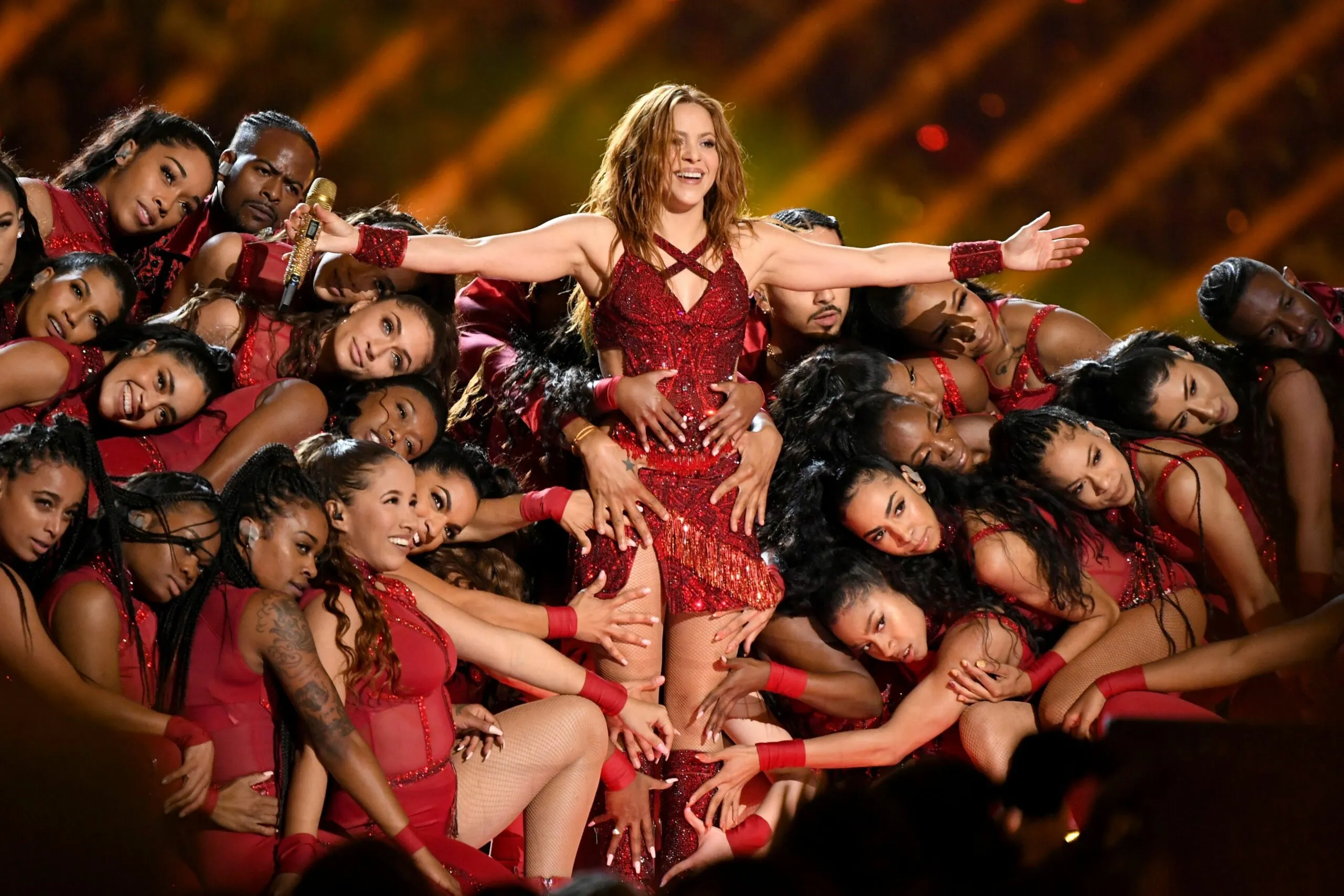 Shakira performs onstage during the Pepsi Super Bowl