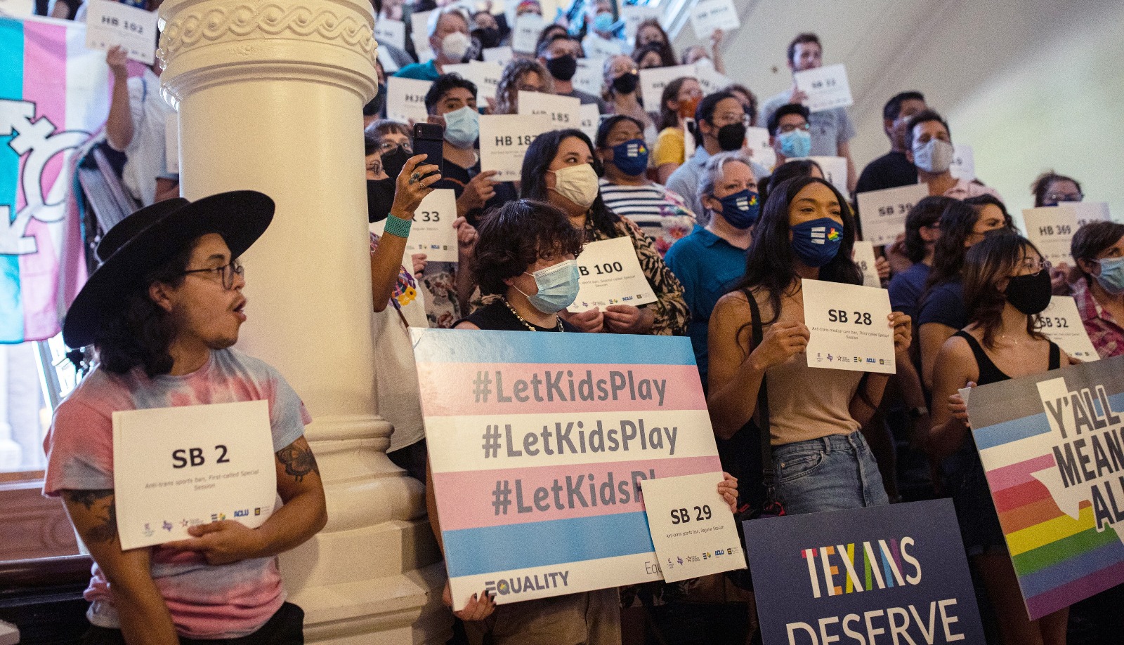 LGBTQ rights supporters gather at the Texas State Capitol