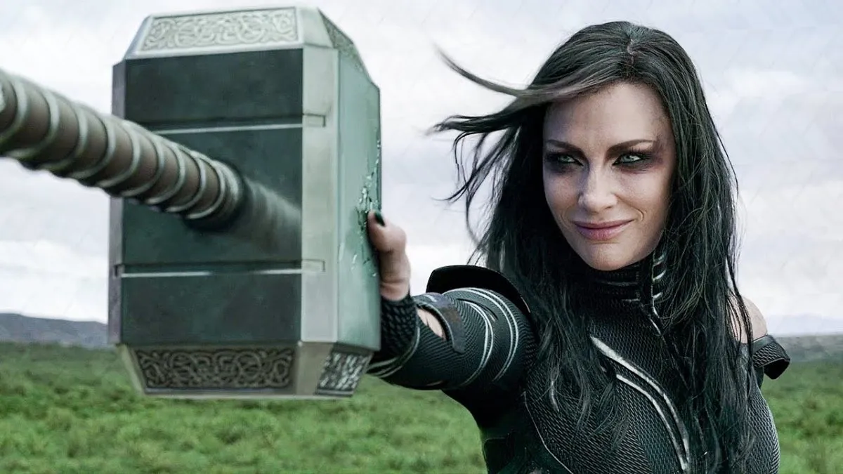 Hela catches Mjolnir one-handed atop a Norwegian cliff-face in Thor: Ragnarok. 