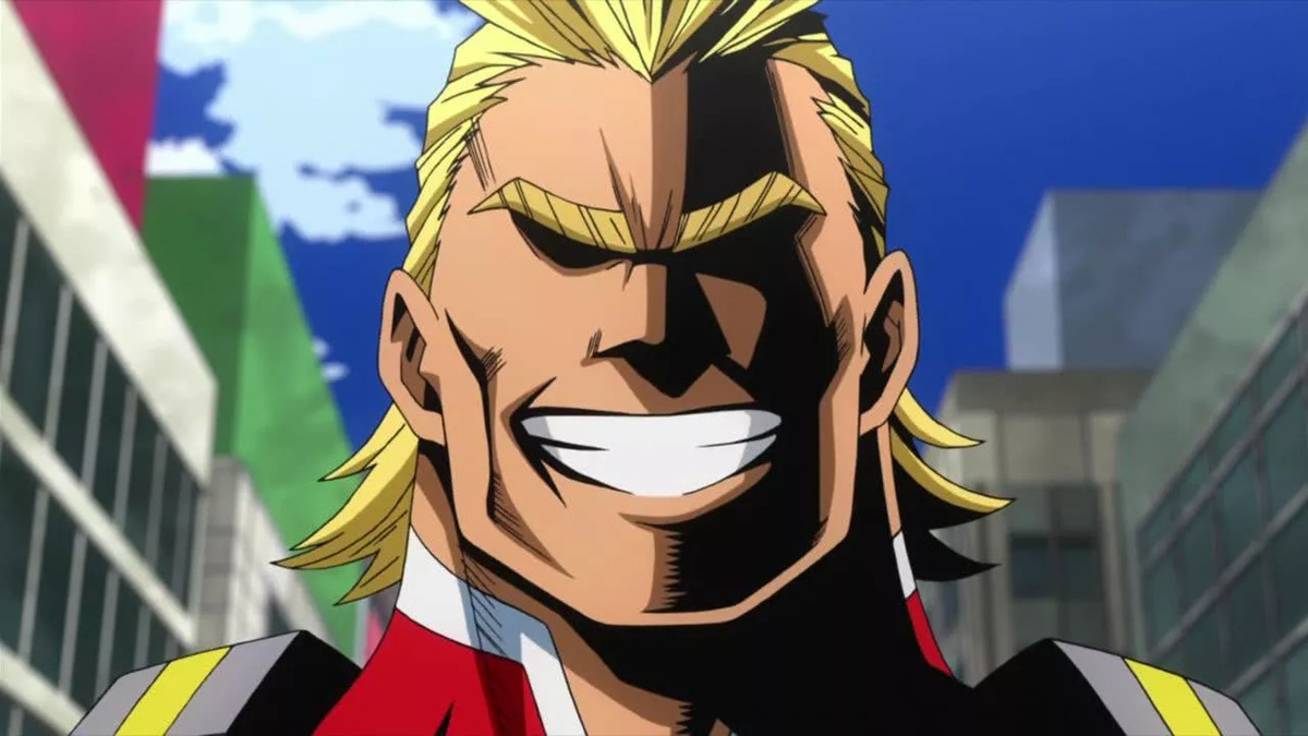 All Might in his buff form in the My Hero Academia anime.