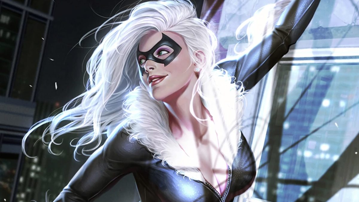 Felicia Hardy/Black Cat breaking and entering in a Marvel Comics artwork