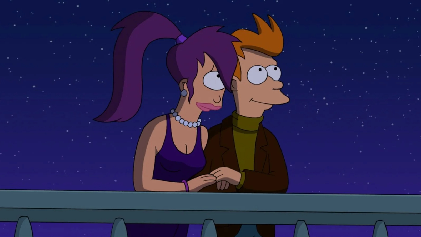 Fry and Leela holding hands in Futurama.
