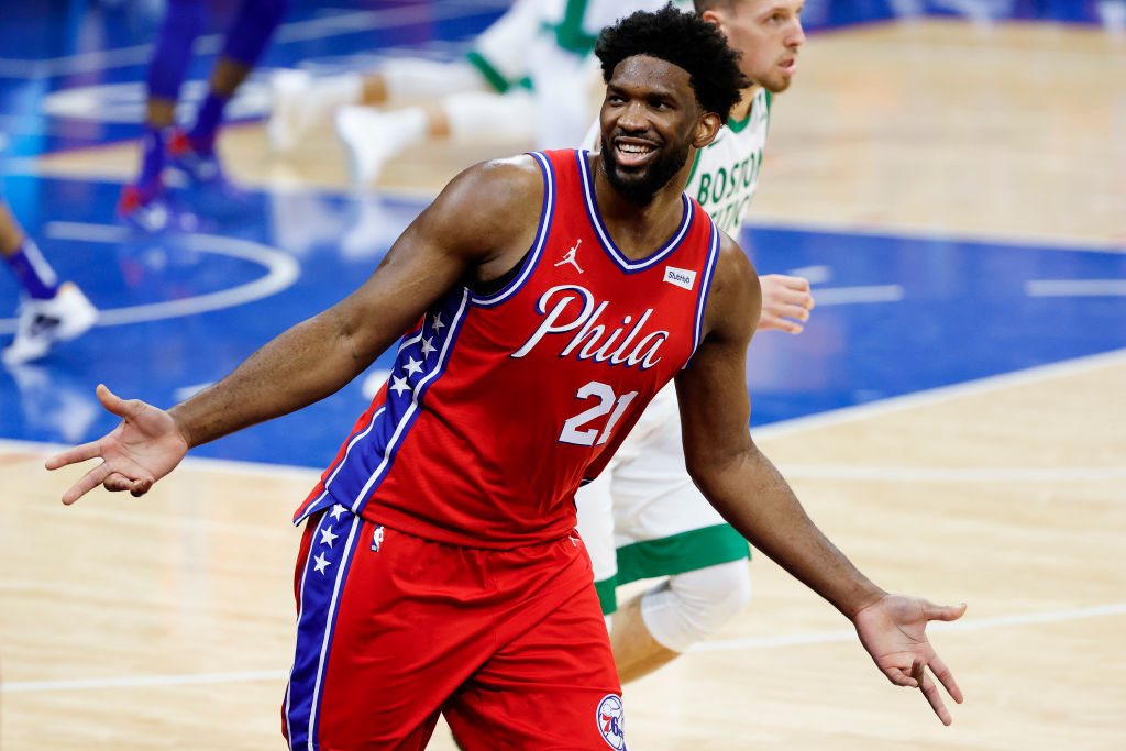 Philadelphia 76ers center Joel Embiid reacts during a game against the Boston Celtics.