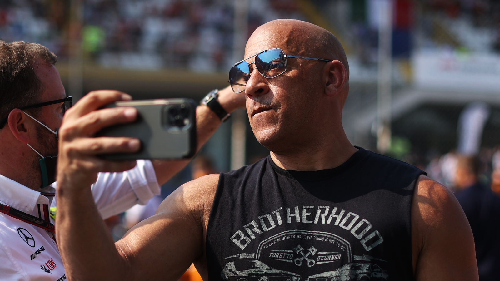 Vin Diesel is usually on the big screen, but here he's just taking a selfie at the F1 Grand Prix of Italy.