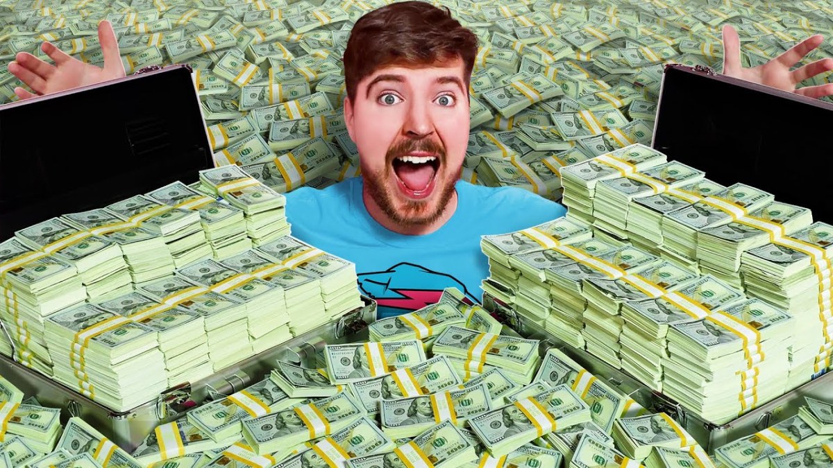 A photo image of MrBeast seated amid stacks of cash