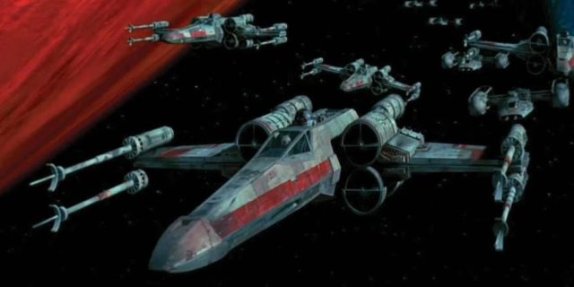 X-Wing flying through space in Star Wars