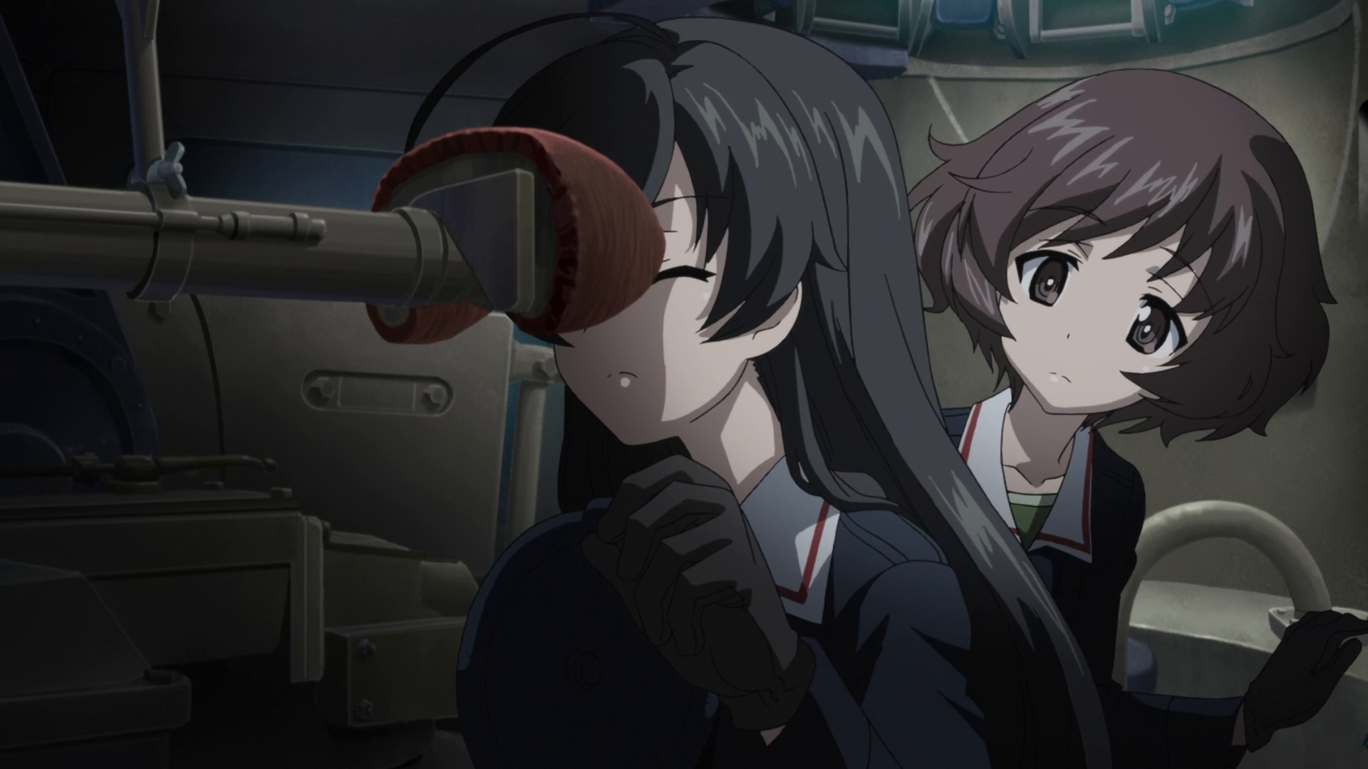 Two characters in Girls und Panzer are looking something worriedly.
