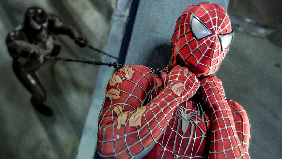 Spidey in a still from Spider-Man 3, trying to free himself from restraints