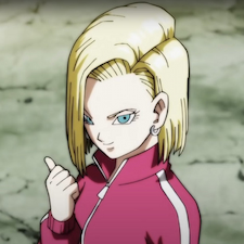 Android 18 holding a fist and in maroon track suit top