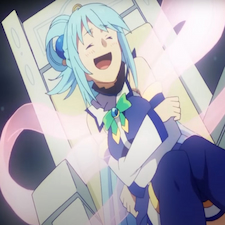 Aqua sitting in white chair and laughing