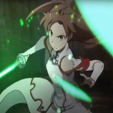 Asuna slashing a green sword at an enemy