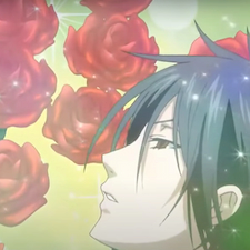 Black butler adoringly looking with roses behind him