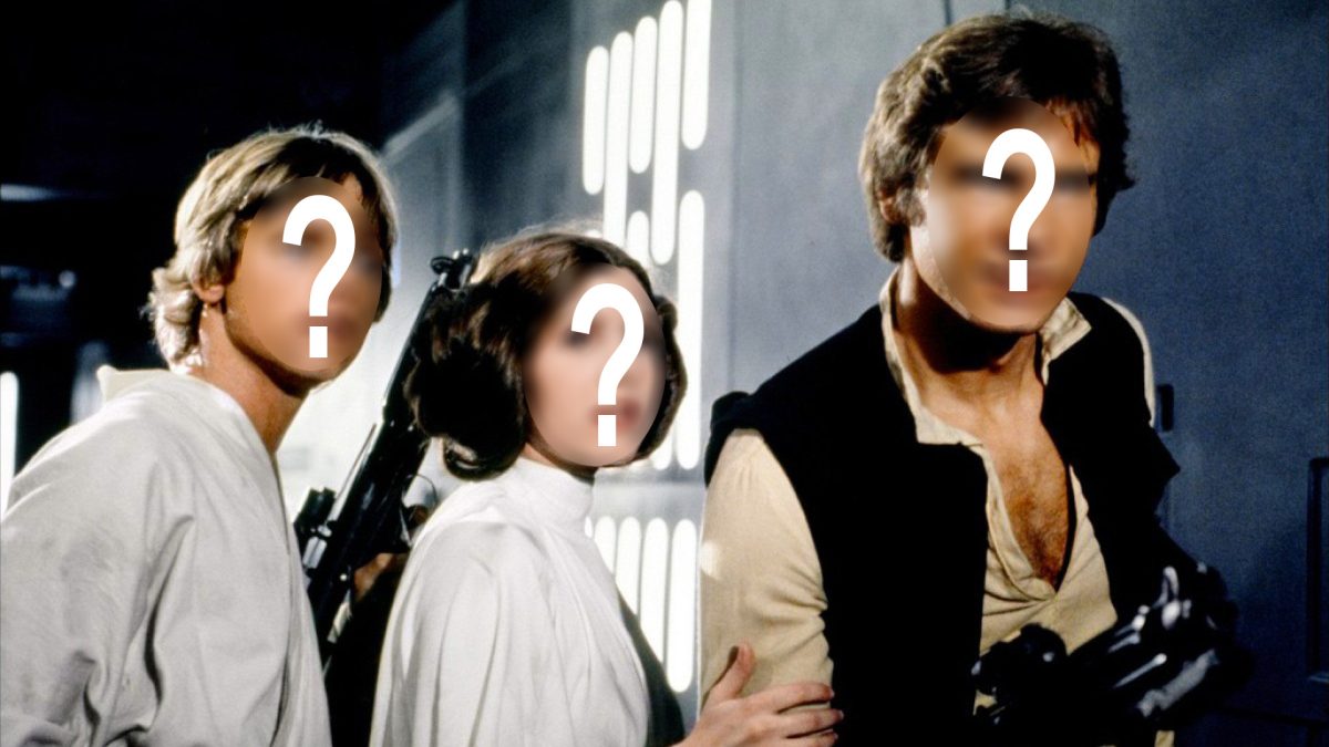 image of luke leia and han from star wars a new hope with question marks over their faces for article about recasting movie in 2022