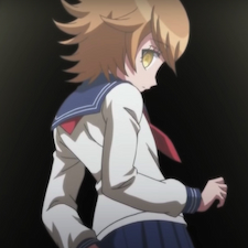Chihiro in school girl outfit facing away from camera