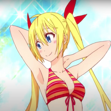 Chitoge holding hands behind her head in a red bakini