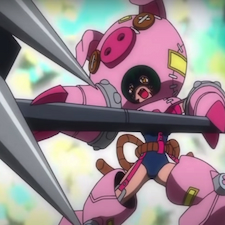 Cho in her pig robot outfit holding out her weapon