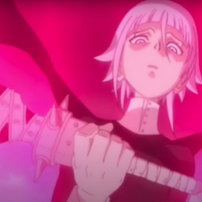 Crona holding staff and in a pink hew 