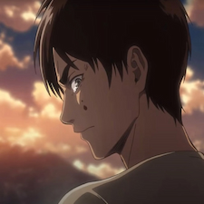 Eren with clouds behind him angrily looking at an enemy