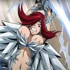 Erza in her battle suit lift a sword above her head