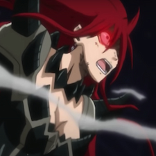 Erza in battle with red glowing eyes and black battle uniform