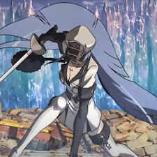 Esdeath with sword in hand and cape flowing in the wind