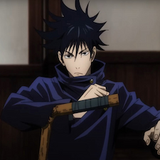 Fushiguro holding a baton as he faces enemy