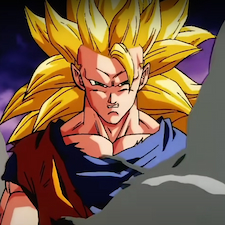 Goku in super saiyan 3 transformation and smoke in front of him