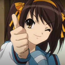 Haruhi holding a thumbs up and winking