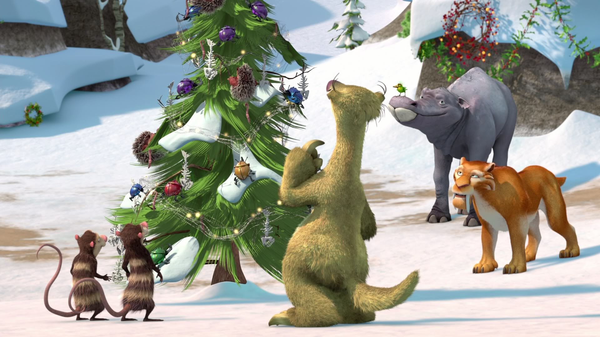 Sid from Ice Age is looking at a Christmas tree.