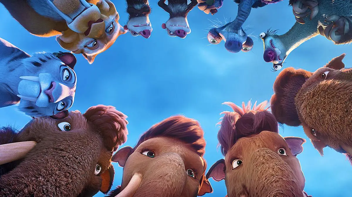 The animals of Ice Age are looking down at something off-screen.