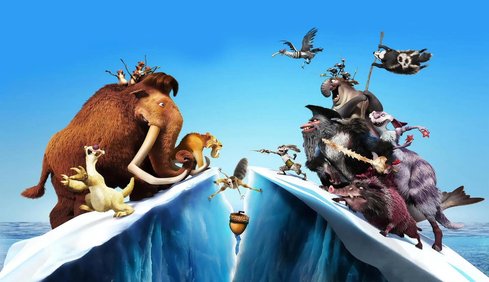Two groups of animals are looking at each other in Ice Age. 
