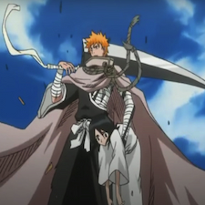Ichigo saving an anime girl with a sword on his shoulder