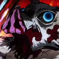 Inosuke covered in blood with boar mask in
