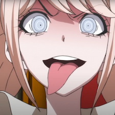 Junko sticking her tongue out with white eyes