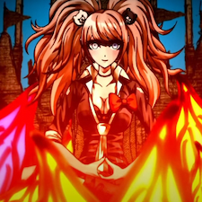 Junko busy doing a power up in red and staring blankly