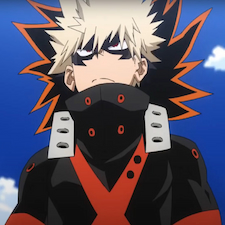 Katsuki in his battle uniform which is black and orange