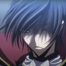 Lelouchs hair is blowing in his face and wearing maroon cape